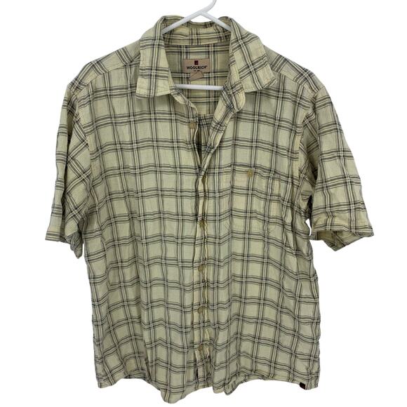 Woolrich Men's Pale Yellow and Gray Plaid Short Sleeve Button Up Size Large - Picture 1 of 4